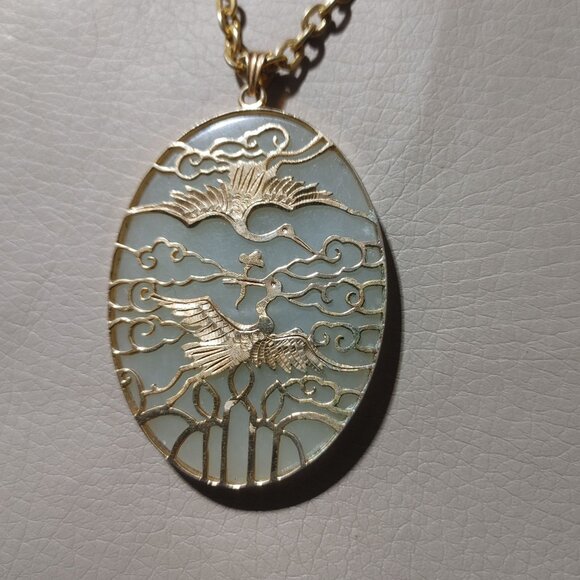 Large Jade Jadeite Pendant Vintage Gold Overlay Cranes Birds Asian Gold Filled - Picture 2 of 12